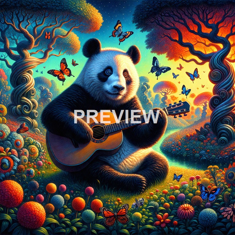 A whimsical scene of a panda sitting amidst colorful, stylized trees and flowers in a vibrant, fantasy-like forest, playing a guitar surrounded by butterflies under a bright, starry sky.